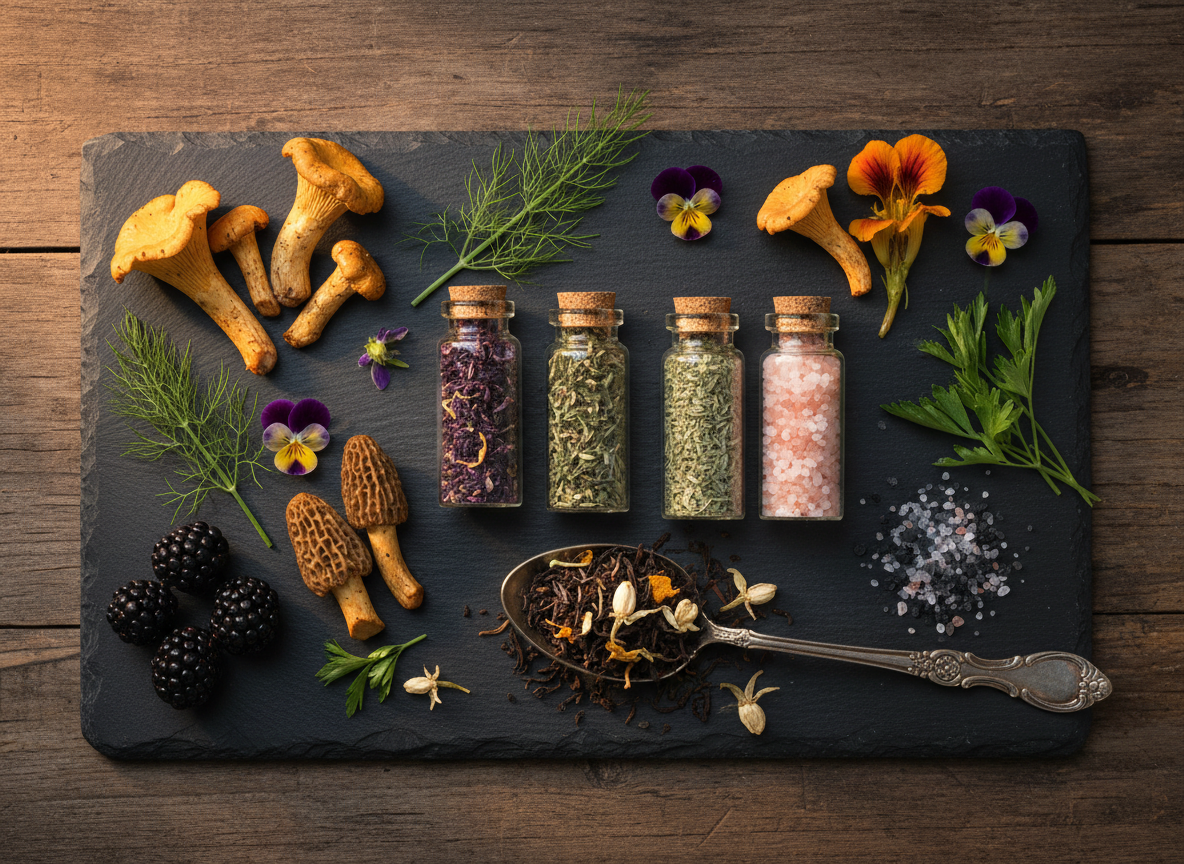 A moody, photographic close-up of foraged and unusual foods artfully arranged on a dark slate board, styled as if from a playful witch’s pantry. Small clusters of chanterelle and morel mushrooms, glossy blackberries, wild fennel fronds, and tiny edible flowers nestle around corked glass vials containing dried herbs and coarse pink and charcoal salts. A tarnished silver spoon overflows with fragrant loose-leaf tea, hints of citrus peel and blossoms visible. The scene rests on a rough wooden table, illuminated by warm side lighting that creates dramatic highlights and soft shadows, accentuating textures. Shot from above in a flat-lay composition with sharp focus across the frame, the atmosphere feels mysterious yet inviting, evoking a magical cottage apothecary with rustic, organic photographic realism and no human presence.