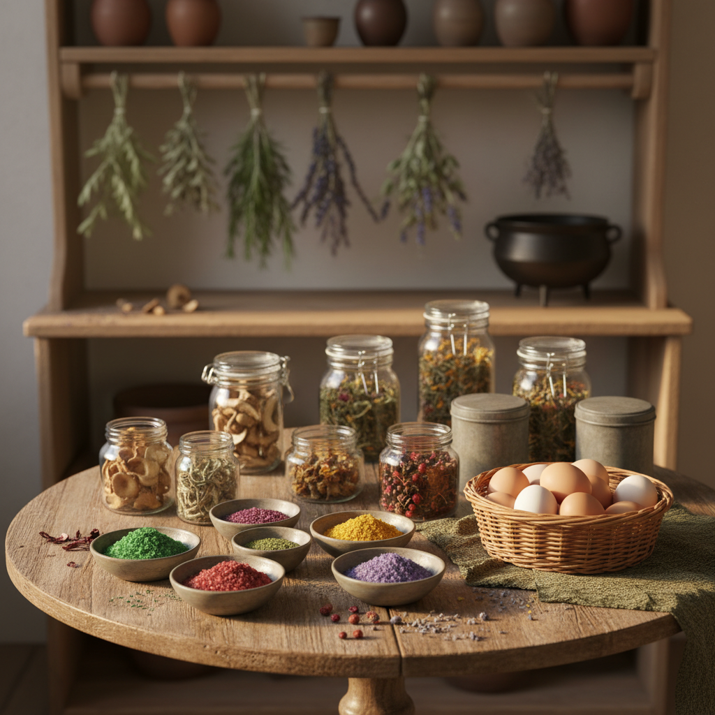 A charming farmhouse kitchen table styled as GreenWitch’s Cottage tasting display, captured in warm golden hour light pouring through an unseen window. At the center sits a weathered round wooden table scattered with small ceramic bowls of jewel-toned herb salts, glass jars of foraged mushrooms, and tins of loose herbal tea blends with petals and berries visible. A wicker basket of freshly gathered eggs rests on a linen cloth in muted moss green. In the softly blurred background, open wooden shelves hold bundles of drying herbs, stoneware crocks, and a simple cauldron-shaped cast-iron pot. Shot from a slightly elevated angle with photographic realism, the composition uses the rule of thirds and a shallow depth of field, creating a cozy, playful, subtly magical atmosphere without any people present.