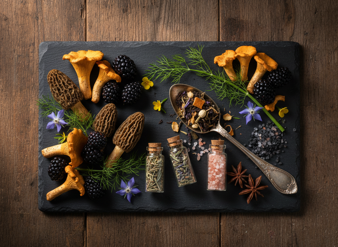 A moody, photographic close-up of foraged and unusual foods artfully arranged on a dark slate board, styled as if from a playful witch’s pantry. Small clusters of chanterelle and morel mushrooms, glossy blackberries, wild fennel fronds, and tiny edible flowers nestle around corked glass vials containing dried herbs and coarse pink and charcoal salts. A tarnished silver spoon overflows with fragrant loose-leaf tea, hints of citrus peel and blossoms visible. The scene rests on a rough wooden table, illuminated by warm side lighting that creates dramatic highlights and soft shadows, accentuating textures. Shot from above in a flat-lay composition with sharp focus across the frame, the atmosphere feels mysterious yet inviting, evoking a magical cottage apothecary with rustic, organic photographic realism and no human presence.