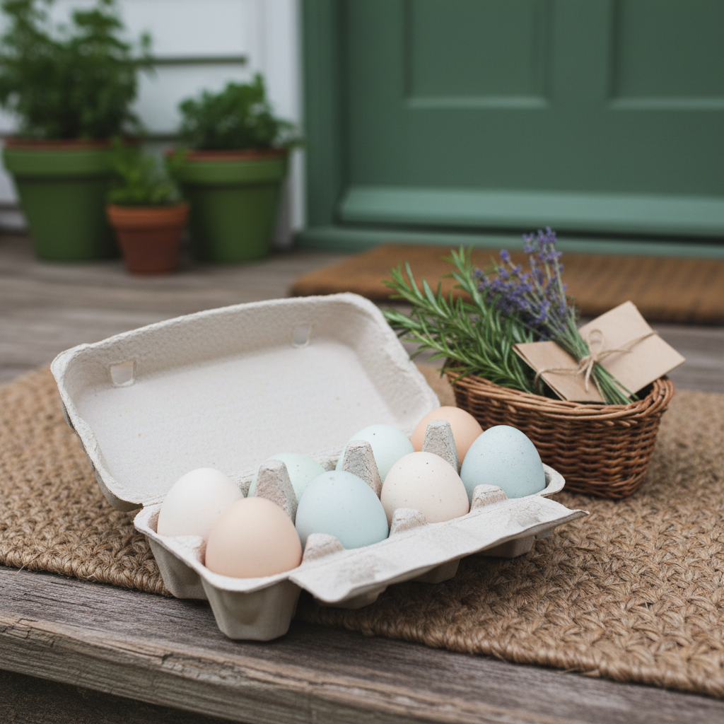 A close-up, photographic still life of an enchanted-looking egg delivery from a small farm, arranged on an old wooden porch beside a woven doormat. A recycled cardboard carton lies open, revealing a dozen farm eggs in shades of cream, pale blue, and soft brown, each with a matte, slightly speckled shell. Nearby, a small basket holds sprigs of fresh rosemary and lavender, and a folded kraft paper note is tucked under twine without any legible text. Soft overcast daylight creates even, diffused lighting with gentle shadows, emphasizing texture in the wood grain and egg shells. Shot from a slightly elevated, three-quarter angle with shallow depth of field, the background fades into a dreamy blur of potted herbs and a hint of a green-painted cottage door, giving a whimsical, welcoming mood.
