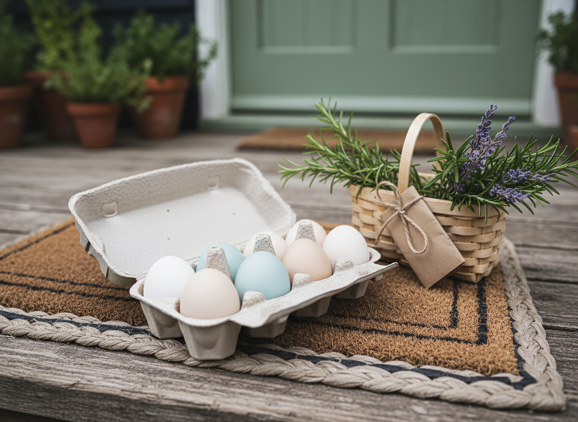 A close-up, photographic still life of an enchanted-looking egg delivery from a small farm, arranged on an old wooden porch beside a woven doormat. A recycled cardboard carton lies open, revealing a dozen farm eggs in shades of cream, pale blue, and soft brown, each with a matte, slightly speckled shell. Nearby, a small basket holds sprigs of fresh rosemary and lavender, and a folded kraft paper note is tucked under twine without any legible text. Soft overcast daylight creates even, diffused lighting with gentle shadows, emphasizing texture in the wood grain and egg shells. Shot from a slightly elevated, three-quarter angle with shallow depth of field, the background fades into a dreamy blur of potted herbs and a hint of a green-painted cottage door, giving a whimsical, welcoming mood.