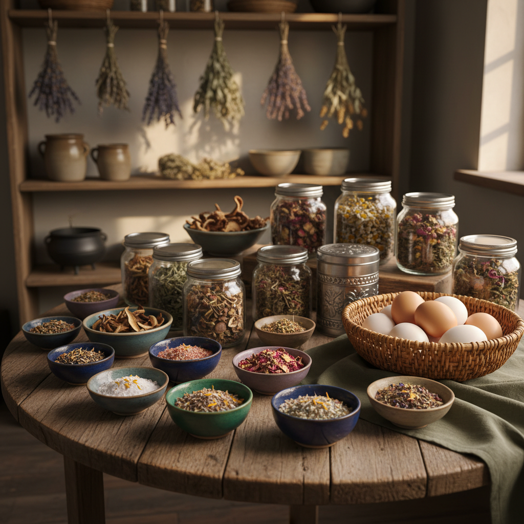 A charming farmhouse kitchen table styled as GreenWitch’s Cottage tasting display, captured in warm golden hour light pouring through an unseen window. At the center sits a weathered round wooden table scattered with small ceramic bowls of jewel-toned herb salts, glass jars of foraged mushrooms, and tins of loose herbal tea blends with petals and berries visible. A wicker basket of freshly gathered eggs rests on a linen cloth in muted moss green. In the softly blurred background, open wooden shelves hold bundles of drying herbs, stoneware crocks, and a simple cauldron-shaped cast-iron pot. Shot from a slightly elevated angle with photographic realism, the composition uses the rule of thirds and a shallow depth of field, creating a cozy, playful, subtly magical atmosphere without any people present.