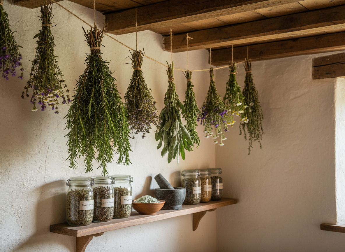 A serene, photographic still life of an herb-drying corner inside a cozy cottage, styled for a small magical farm business. Rough-hewn wooden beams overhead support twine lines where bundles of rosemary, thyme, sage, and wildflowers hang upside down, their textures and colors richly detailed. Below, a narrow shelf holds labeled-but-unreadable glass jars of dried herbs, a simple mortar and pestle, and a small bowl of coarse herb-infused salt. Soft, diffused afternoon light filters through an unseen window, casting gentle, elongated shadows on a plaster wall with a slightly uneven texture. Shot at an eye-level angle with a medium depth of field, the closest herbs are crisply focused while the background falls into a mild blur, creating a calm, slightly mystical, and inviting mood in a rustic, organic, photographic realism style.