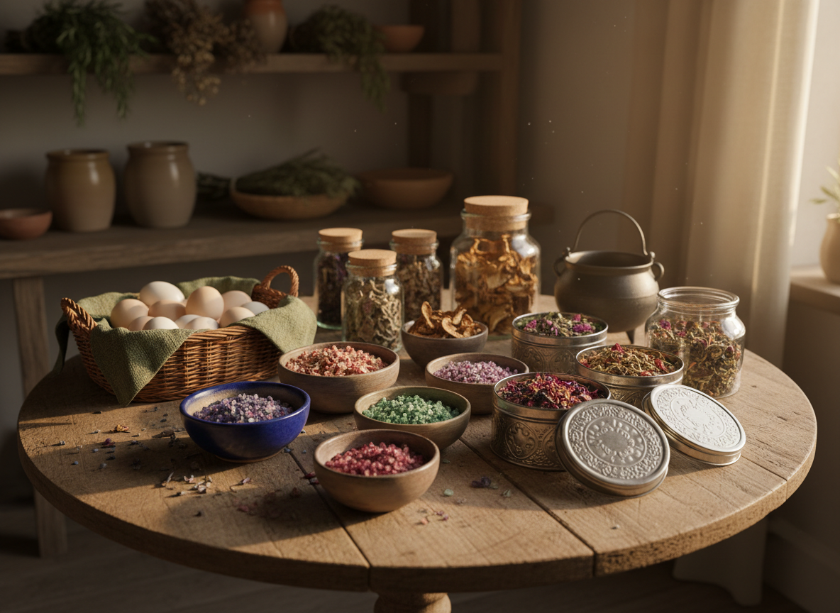 A charming farmhouse kitchen table styled as GreenWitch’s Cottage tasting display, captured in warm golden hour light pouring through an unseen window. At the center sits a weathered round wooden table scattered with small ceramic bowls of jewel-toned herb salts, glass jars of foraged mushrooms, and tins of loose herbal tea blends with petals and berries visible. A wicker basket of freshly gathered eggs rests on a linen cloth in muted moss green. In the softly blurred background, open wooden shelves hold bundles of drying herbs, stoneware crocks, and a simple cauldron-shaped cast-iron pot. Shot from a slightly elevated angle with photographic realism, the composition uses the rule of thirds and a shallow depth of field, creating a cozy, playful, subtly magical atmosphere without any people present.