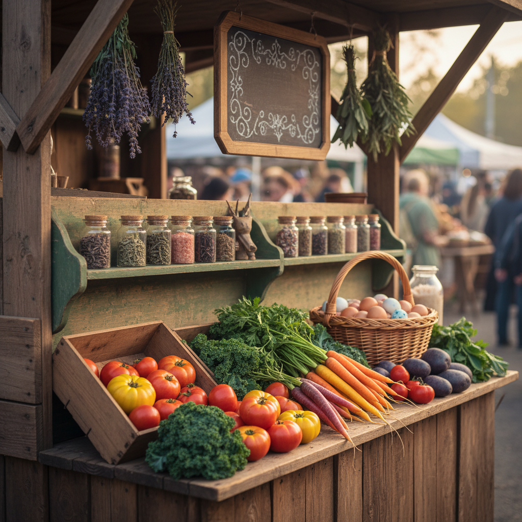A rustic wooden market stall overflowing with colorful farm-fresh produce and mystical accents, photographed in soft morning light. Neatly stacked heirloom tomatoes, curly kale, rainbow carrots, and deep purple potatoes spill from weathered crates, while small cork-topped jars of herbs, infused salts, and loose-leaf teas line an old green-painted shelf. Behind, a chalkboard-shaped wooden sign shows faint decorative markings without any readable text, hinting at a whimsical cottage brand. Dewy bundles of herbs hang to dry, and a woven basket brims with speckled eggs. Shot at eye level with a shallow depth of field, the foreground vegetables are tack sharp while the bustling outdoor market background falls into a gentle bokeh, creating a playful yet cozy, photographic realism style.