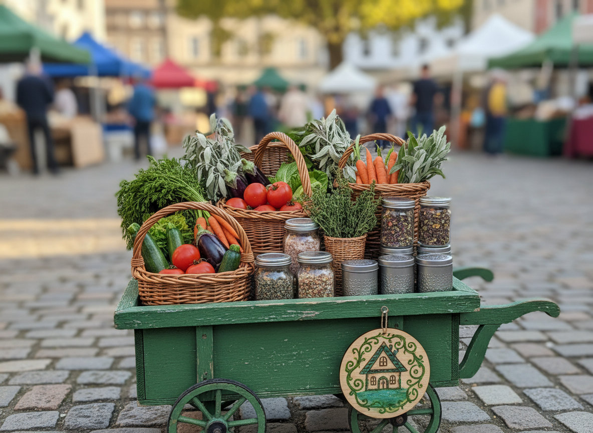 A whimsical, photographic scene of a miniature “GreenWitch’s Cottage” farm stand set up at an outdoor market, imagined without people. A small, green-painted wooden cart with peeling paint is piled high with baskets of fresh produce, bundles of sage and thyme, jars of herbal salts, and tins of tea blends with visible leaves and petals. A hand-painted wooden emblem featuring a stylized cottage and leaf motif hangs from the side without readable text. The setting is an open-air market square with cobblestone hints blurred in the background. Late afternoon sunlight casts warm, dappled patterns through imaginary tree branches, creating playful shadows. Shot at eye level with moderate depth of field, the stand is in crisp focus while the distant market stalls become a soft, colorful blur, conveying a lively yet cozy, magical small-business atmosphere.