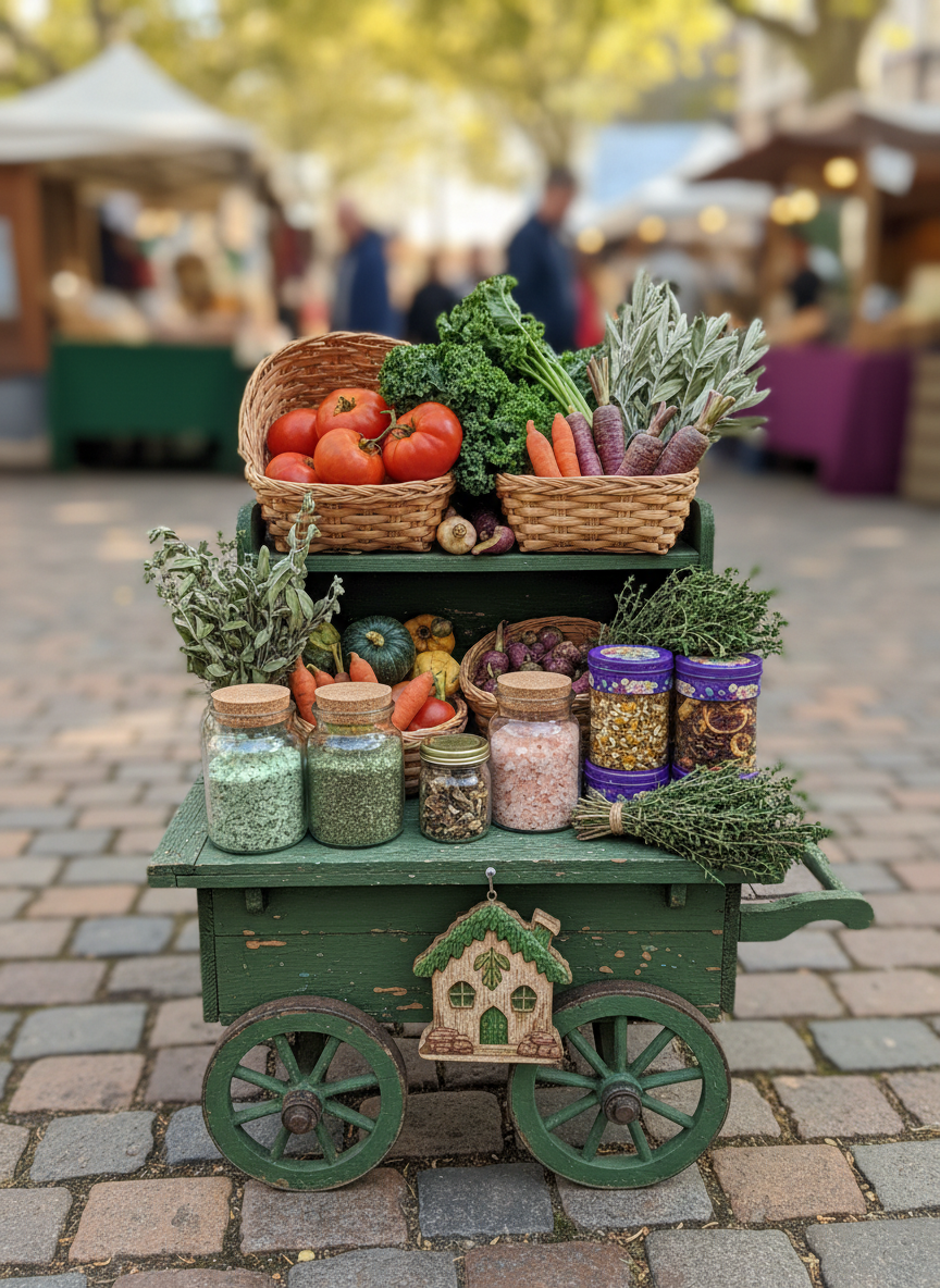 A whimsical, photographic scene of a miniature “GreenWitch’s Cottage” farm stand set up at an outdoor market, imagined without people. A small, green-painted wooden cart with peeling paint is piled high with baskets of fresh produce, bundles of sage and thyme, jars of herbal salts, and tins of tea blends with visible leaves and petals. A hand-painted wooden emblem featuring a stylized cottage and leaf motif hangs from the side without readable text. The setting is an open-air market square with cobblestone hints blurred in the background. Late afternoon sunlight casts warm, dappled patterns through imaginary tree branches, creating playful shadows. Shot at eye level with moderate depth of field, the stand is in crisp focus while the distant market stalls become a soft, colorful blur, conveying a lively yet cozy, magical small-business atmosphere.