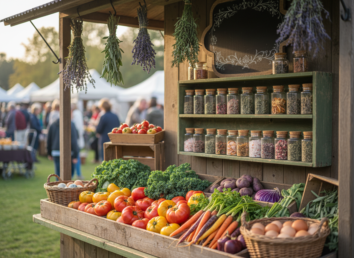 A rustic wooden market stall overflowing with colorful farm-fresh produce and mystical accents, photographed in soft morning light. Neatly stacked heirloom tomatoes, curly kale, rainbow carrots, and deep purple potatoes spill from weathered crates, while small cork-topped jars of herbs, infused salts, and loose-leaf teas line an old green-painted shelf. Behind, a chalkboard-shaped wooden sign shows faint decorative markings without any readable text, hinting at a whimsical cottage brand. Dewy bundles of herbs hang to dry, and a woven basket brims with speckled eggs. Shot at eye level with a shallow depth of field, the foreground vegetables are tack sharp while the bustling outdoor market background falls into a gentle bokeh, creating a playful yet cozy, photographic realism style.
