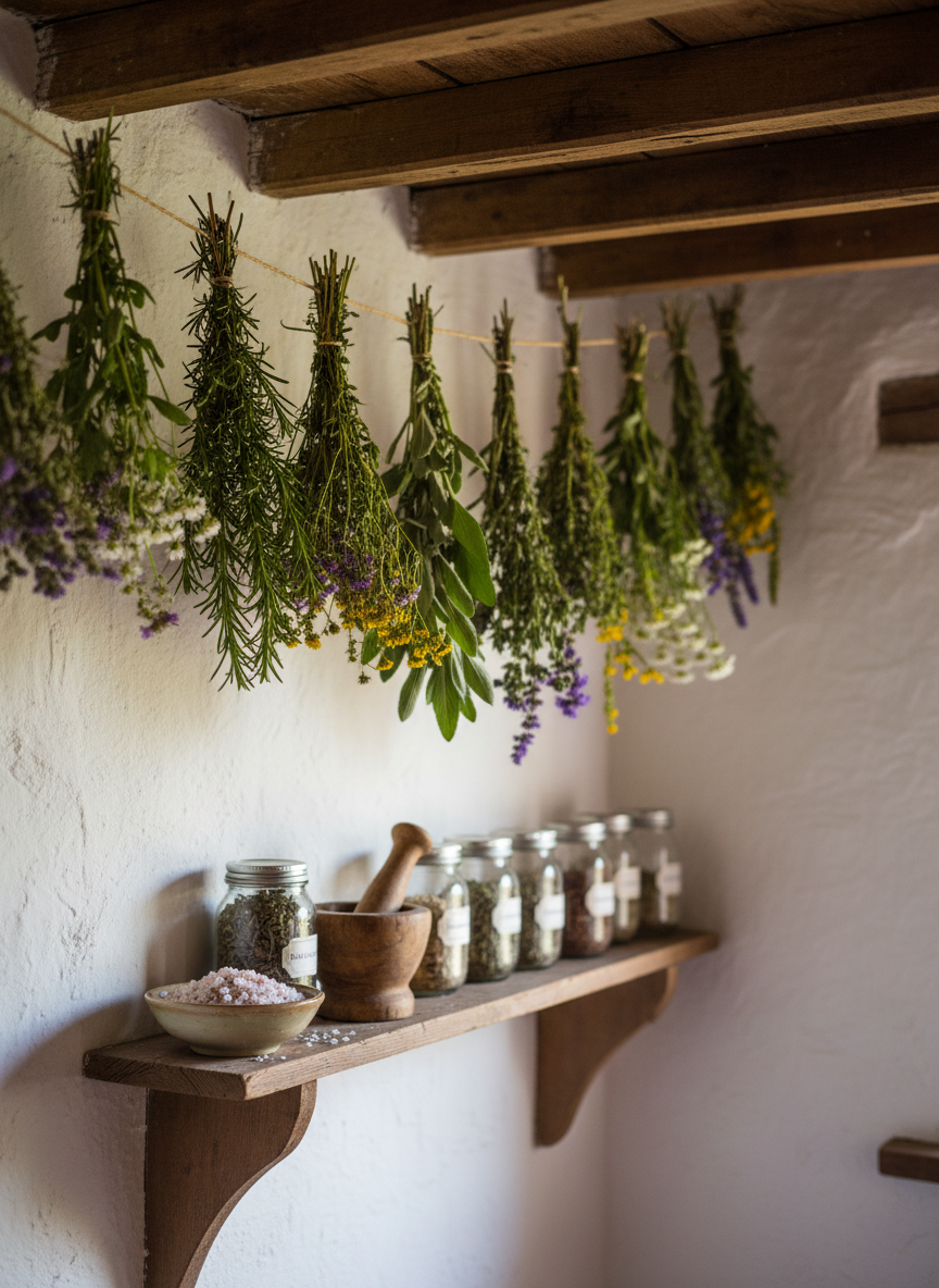 A serene, photographic still life of an herb-drying corner inside a cozy cottage, styled for a small magical farm business. Rough-hewn wooden beams overhead support twine lines where bundles of rosemary, thyme, sage, and wildflowers hang upside down, their textures and colors richly detailed. Below, a narrow shelf holds labeled-but-unreadable glass jars of dried herbs, a simple mortar and pestle, and a small bowl of coarse herb-infused salt. Soft, diffused afternoon light filters through an unseen window, casting gentle, elongated shadows on a plaster wall with a slightly uneven texture. Shot at an eye-level angle with a medium depth of field, the closest herbs are crisply focused while the background falls into a mild blur, creating a calm, slightly mystical, and inviting mood in a rustic, organic, photographic realism style.