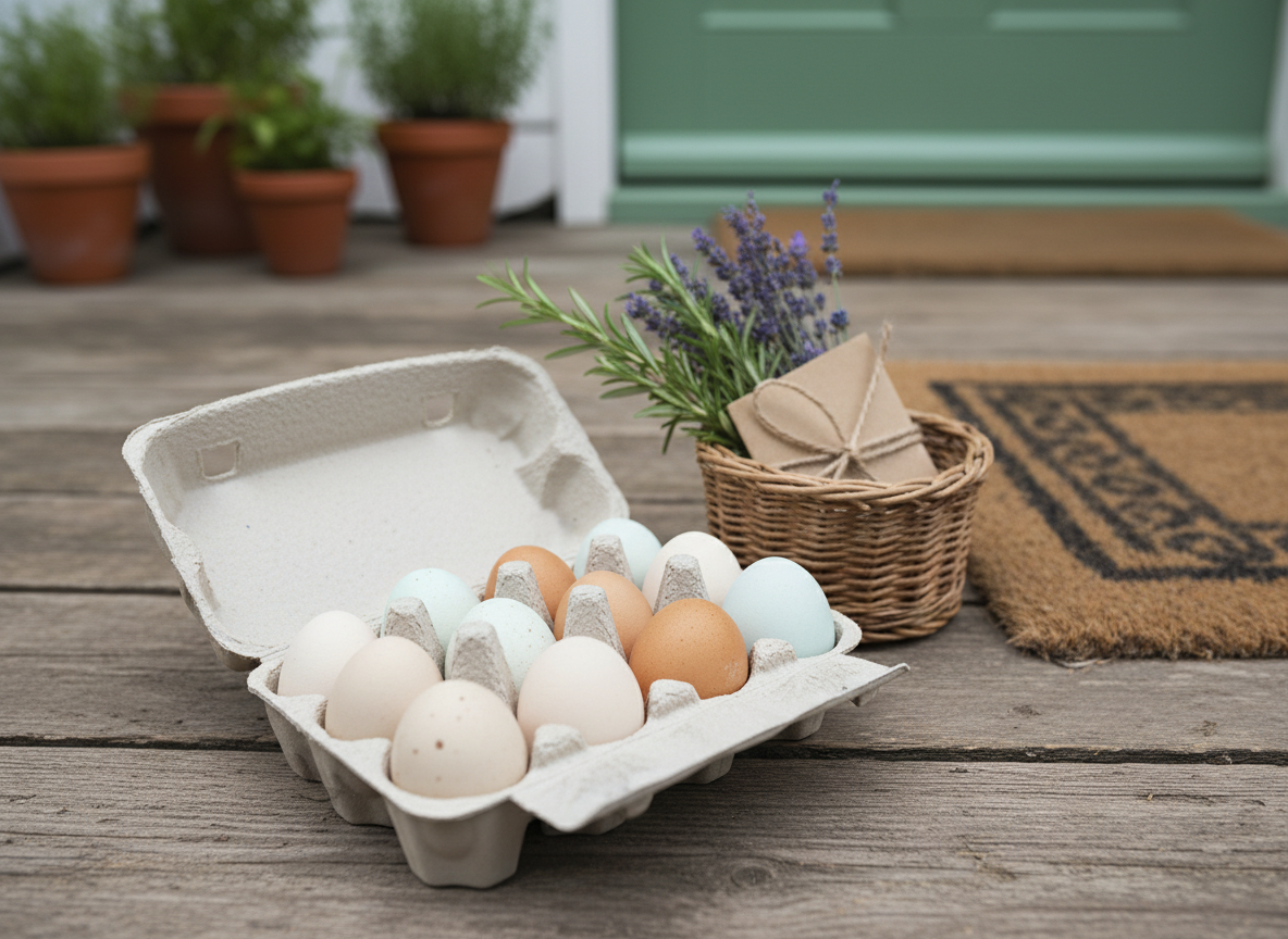 A close-up, photographic still life of an enchanted-looking egg delivery from a small farm, arranged on an old wooden porch beside a woven doormat. A recycled cardboard carton lies open, revealing a dozen farm eggs in shades of cream, pale blue, and soft brown, each with a matte, slightly speckled shell. Nearby, a small basket holds sprigs of fresh rosemary and lavender, and a folded kraft paper note is tucked under twine without any legible text. Soft overcast daylight creates even, diffused lighting with gentle shadows, emphasizing texture in the wood grain and egg shells. Shot from a slightly elevated, three-quarter angle with shallow depth of field, the background fades into a dreamy blur of potted herbs and a hint of a green-painted cottage door, giving a whimsical, welcoming mood.